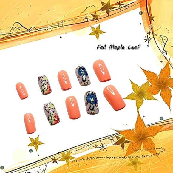 24Pcs Fall Medium Press on Nails Coffin Fake Nails Maple Leaf Full Cover False Nails with Autumn Leaves Designs Acrylic Nails Glossy Stick on Nails Reusable Artificial Nails Thanksgiving for Women