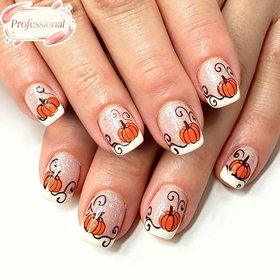 24Pcs Fall Pumpkin Press On Nails Short Square,Nude Glitter French Tip Full Cover Fake Nails, Thanksgiving Autumn Reusable Acrylic Stick On False Nail Tips for Women Girls Halloween Harvest Party DIY