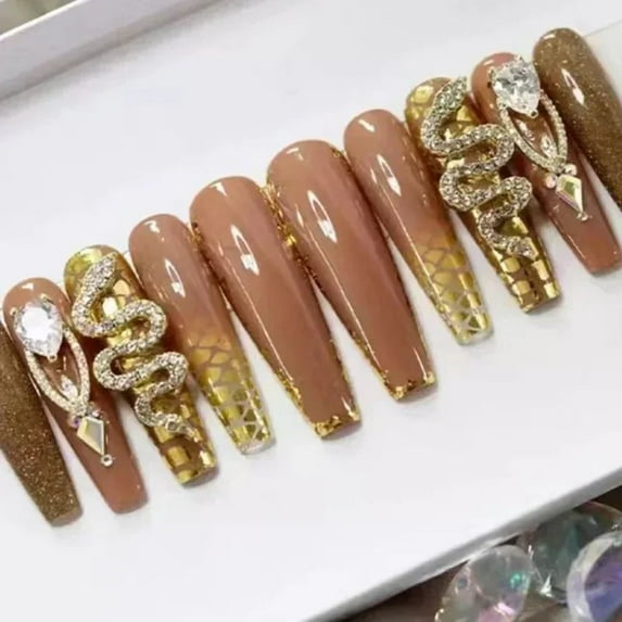 24Pcs False Nails Rhinestone Glitter Marble Grain Design Fake Fingernails Long Ballet Wearable Acrylic Full Cover Press on Nails