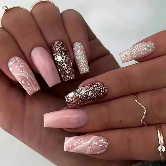 24Pcs False Nails Rhinestone Glitter Marble Grain Design Fake Fingernails Long Ballet Wearable Acrylic Full Cover Press on Nails