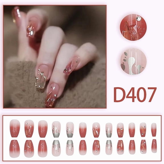 24Pcs Fashion Sweet Gradient Pink Glitter Rhinestone Press On Square Head Fake Nails With Glue Artificial Removable False Nails