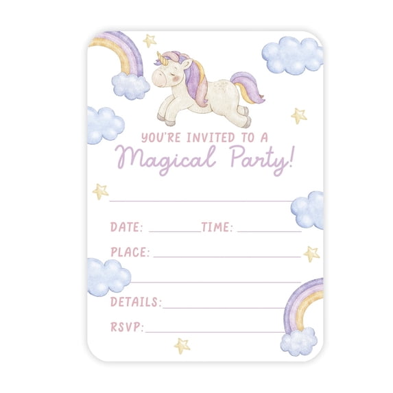 Koyal Wholesale Pastel Unicorn Birthday Paper Invitations for Girls, 1st Birthday, Blank Cards with Envelopes, 24-Pack