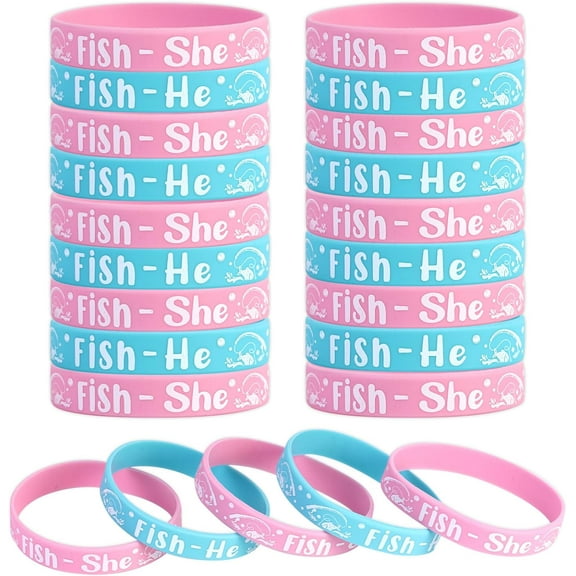 24Pcs Fishing Gender Reveal Decorations Bracelets Pink and Blue, Fish He or Fish She Gender Reveal Silicone Wristbands for Gone Fishing Decorations He or She Baby Shower Supplies