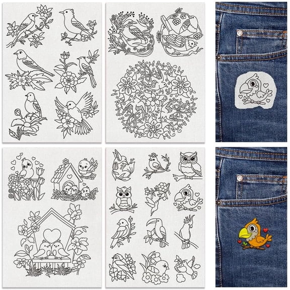 24Pcs Flowers and Birds 4 Sheets Water Soluble Embroidery Pattern Stabilizers Stick and Stitch Embroidery Stickers Hand Sewing DIY Flowers and Birds Embroidery Transfer Papers