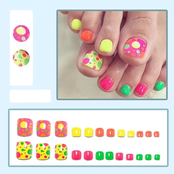24Pcs Fluorescent Polka Dot Nail Stickers Press On Nails Summer Style