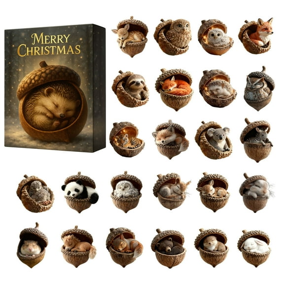 24Pcs Forest Animal Acorn Ornaments,Cozy Forest Christmas Ornaments, Pine Cone Animal Christmas Tree Hangning Ornaments,2D Advent Calendar 2025 Hanging Ornament