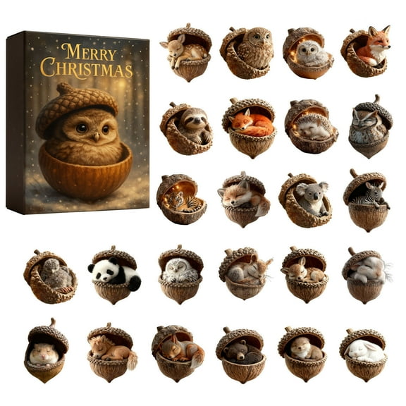 24Pcs Forest Animal Acorn Ornaments,Cozy Forest Christmas Ornaments, Pine Cone Animal Christmas Tree Hangning Ornaments,2D Advent Calendar 2025 Hanging Ornament