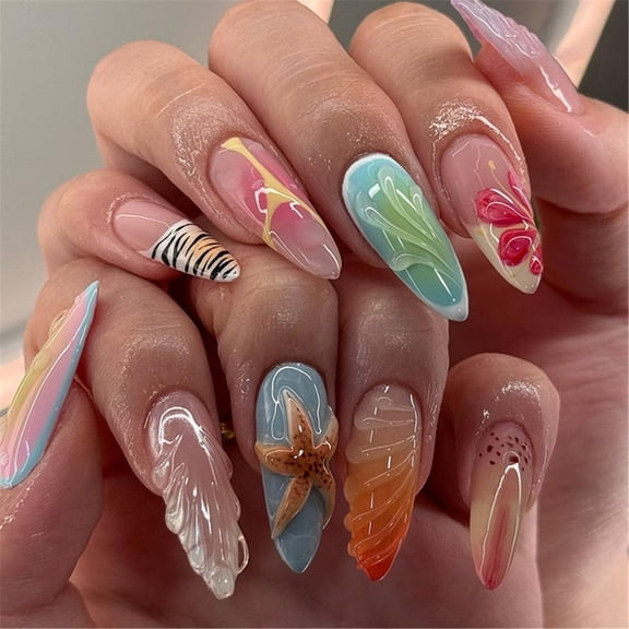 24Pcs French Almond False Nail With 3D Starfish Details Acrylic Stick on Nail