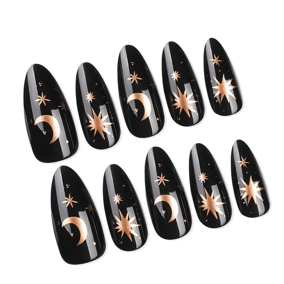 24Pcs French Tip Almond Faux Nails with Star Designs Gothic Black Easy for Parties and Daily Wear