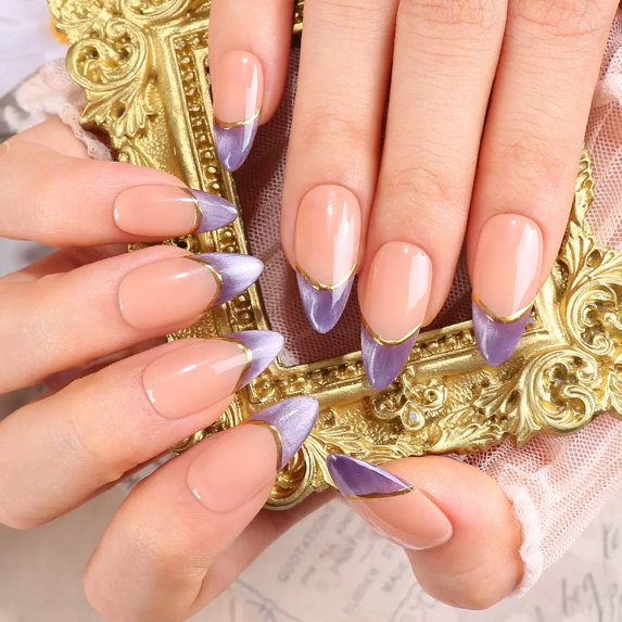 24Pcs French Tip Press on Nails Medium Almond Fake Nails Ombre Acrylic Nails with Gradient Gold Line Designs Full Cover Glue on Nails Reusable Acrylic Nails for Women Girls Manicure