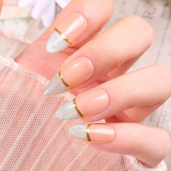 24Pcs French Tip Press on Nails Medium Almond Fake Nails Ombre Acrylic Nails with Gradient Gold Line Designs Full Cover Glue on Nails Reusable Acrylic Nails for Women Girls Manicure