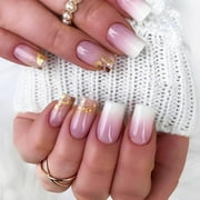 24Pcs French Tips Press on Nails with Leopard Print Design, Sparkly Manicure Art Acrylic Medium Almond Full Cover Fake Nails Stick on Nails Glossy Gold Glitter False Nails Gel Glue on Nails for Women