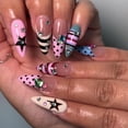 thumbnail image 1 of 24Pcs French Tips Press on Nails Long Almond Fake Nails 3D Star Colorful Strip Black Polka Dots False Nails Goth with Metal Rhinestone Design Glossy Glue on Nail Full Cover Acrylic Nail For Women, 1 of 7