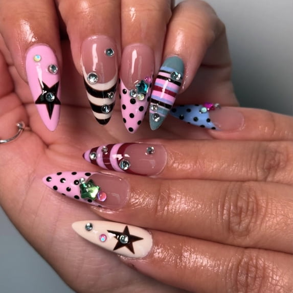 24Pcs French Tips Press on Nails Long Almond Fake Nails 3D Star Colorful Strip Black Polka Dots False Nails Goth with Metal Rhinestone Design Glossy Glue on Nail Full Cover Acrylic Nail For Women