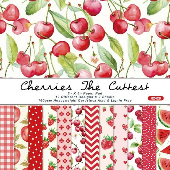 24Pcs Fruit Themed Scrapbook Paper 6 x 6in Cherry Strawberry Food Patterned Background Greeting Cardstock Journal Decorative Paper Pads DIY