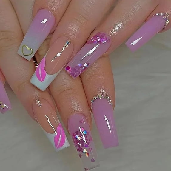 24Pcs Full Cover False Nails with Glue Long Square Coffin Fake Nails French Detachable Ballet Love Pattern Design Press on Nails