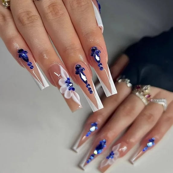 24Pcs Full Cover False Nails with Glue Long Square Coffin Fake Nails French Detachable Ballet Love Pattern Design Press on Nails