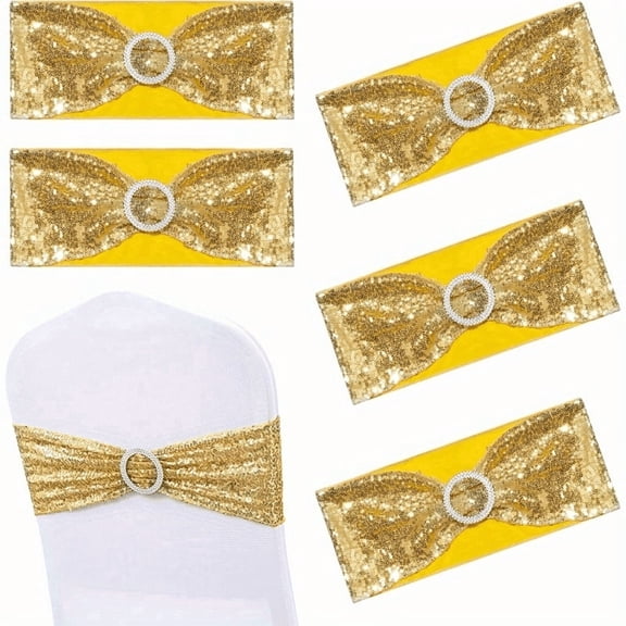 24 Pack Gold Chair Sashes, Chair Bow Elastic Decorative Belt with Shiny Sequins for Romantic Wedding Parties, Birthday Party, Home Daily Decorations