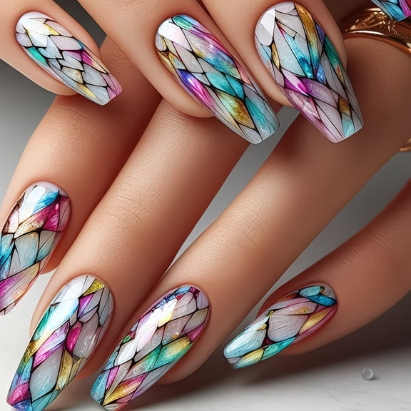 24Pcs Geometric Press-On Nails Medium Length Multi-Color Trendy Nail Art Set