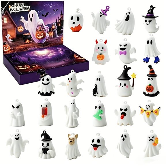 24Pcs Ghost Advent Calendar, Halloween Countdown Box, 24 Days Halloween Ghost Advent Calendar Mystery Countdown Blind Box Collection Miniature Ghost Figurines Spooky Holiday Surprise Gift, White