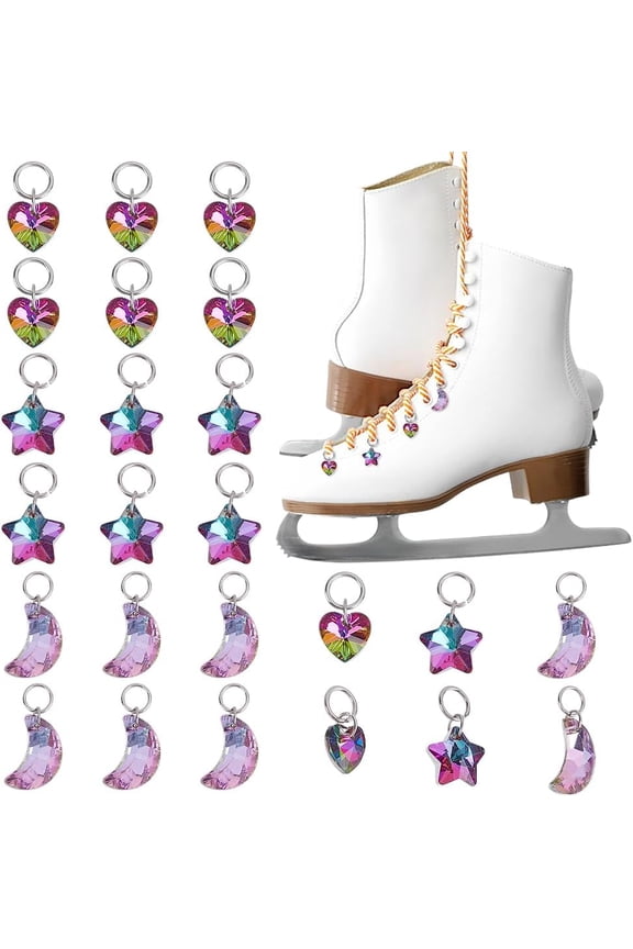 24Pcs Glass Charms 3 Styles Jewelry Shoes Charms Cute Shoe Charms Star & Moon & Heart Glass Charms Shoes Charms for Shoes Keychain Roller Skate Shoe Decoration