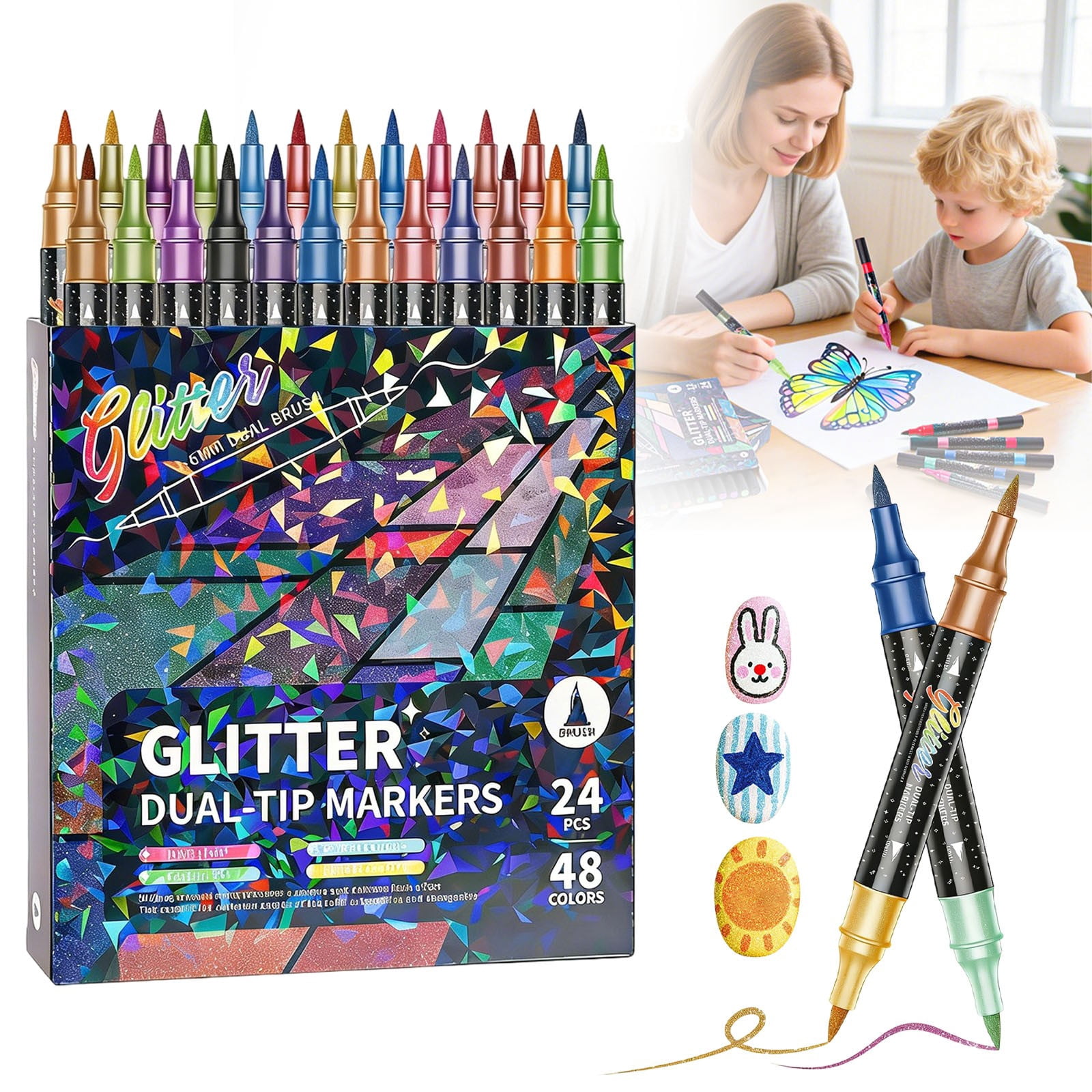 24Pcs Glitter Brush Markers Set Metallic Glitter Pens Dual Tip For Cards Diy Crafts Doodle Coloring Books Scrapbooking Art Supplies