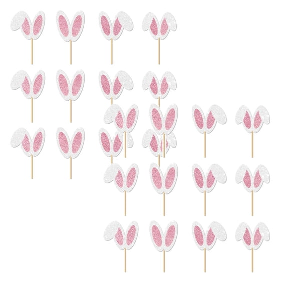 24Pcs Glitter Pink Bunny Ear Cupcake Toppers (2 Sets) - Pre-Assembled Rabbit Ear Cake Picks for Easter, Spring Birthday, Baby Shower & Woodland Party Decorations
