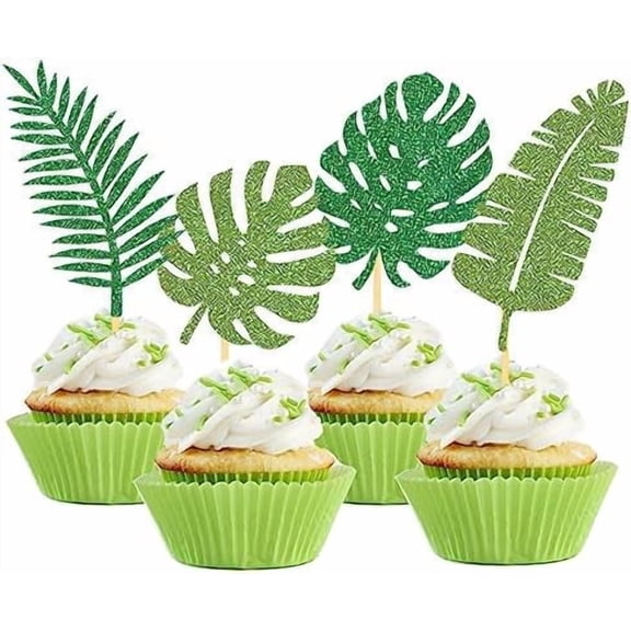 24Pcs Glitter Tropical Cupcake Toppers, Tropical Palm Leaves Cake Topper Aloha Decorations for Summer Luau Hawaiian Theme Baby Shower Birthday Party Supplies(Leaves A)