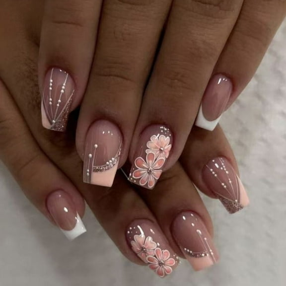 24Pcs Glossy French Tip Square Press on Nails with Floral Designs Spring Artificial Nails Decors Office Wear Nails