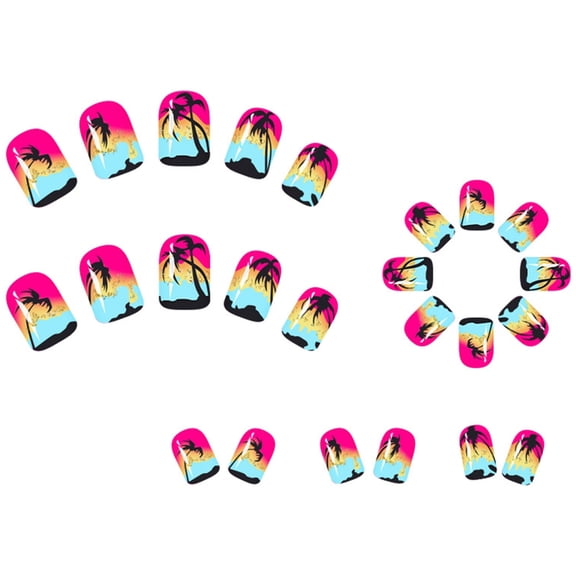 24Pcs Glossy Full Cover Press On Nail Tropical Sunset Square Nail Art Set