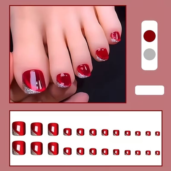 24Pcs Glossy Red Cat Eye Press On Toe Nails Glitter Stripe False Nail Set