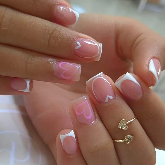 24Pcs Glossy White French False Nails Short Square Presses On Nails With Heart ABS Matte Natural Fit Daily Wear