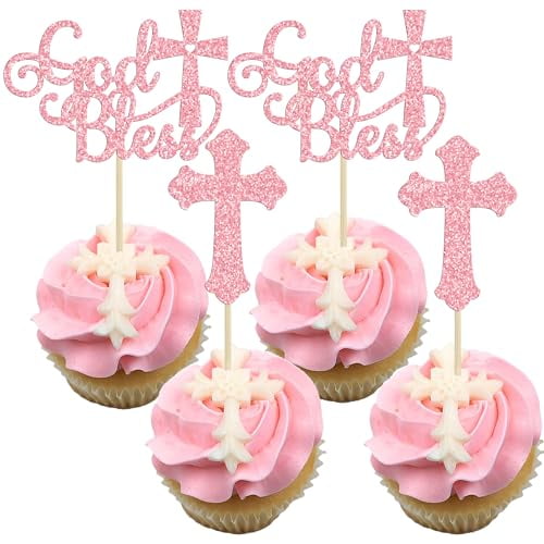 24Pcs God Bless and Baptism Cupcake Toppers Glitter Cross God Bless Cupcake Picks for Christian First Communion Baptism Party Cake Decorations Supplies Pink