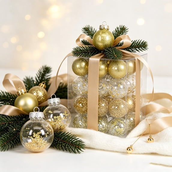 24Pcs Gold Christmas Ball Ornaments, Shatterproof Clear & Glitter Gold Xmas Baubles, Christmas Tree Hanging Decorations for Wedding Holiday Party Home Decor