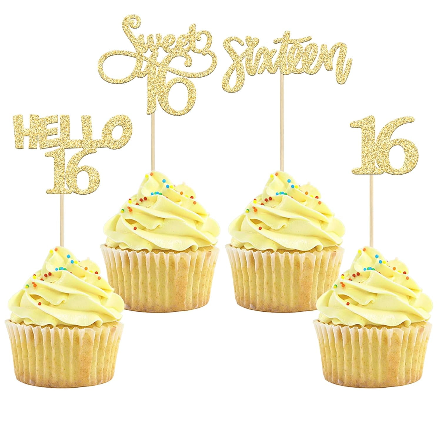24Pcs Gold Glitter 16 Cupcake Toppers Sweet 16th Birthday Cake Toppers ...