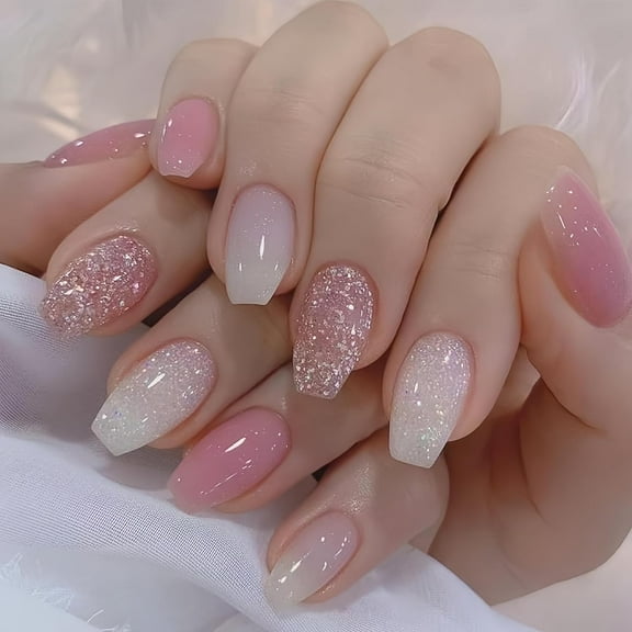 24Pcs Gold Glitter Almond French Tip Press-On Nails - Nude Pink Full Cover Acrylic Fake Nails for Women