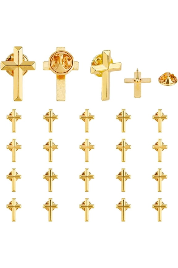 24Pcs Golden Cross Lapel Pins Alloy Cross Brooches Metal Badge for Funeral Church Pray Public Event Lapel Pin Bulk