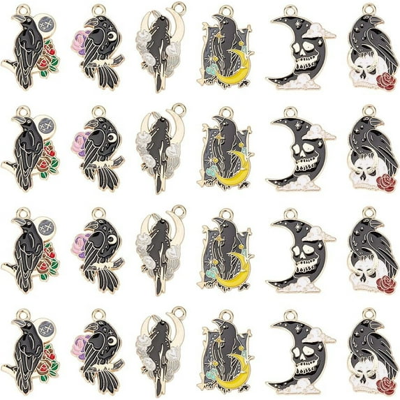 24Pcs Gothic Charms Bulk Crow Charms Enamel Raven Black Bird Skull Scary Halloween Skeleton Charm for Jewelry Making