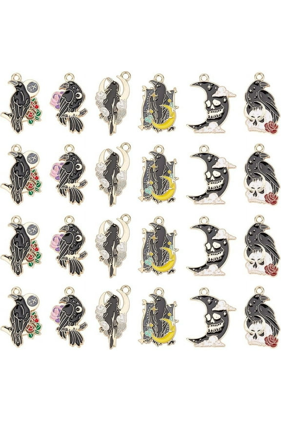 24Pcs Gothic Charms Bulk Crow Charms Enamel Raven Black Bird Skull Scary Halloween Skeleton Charm for Jewelry Making