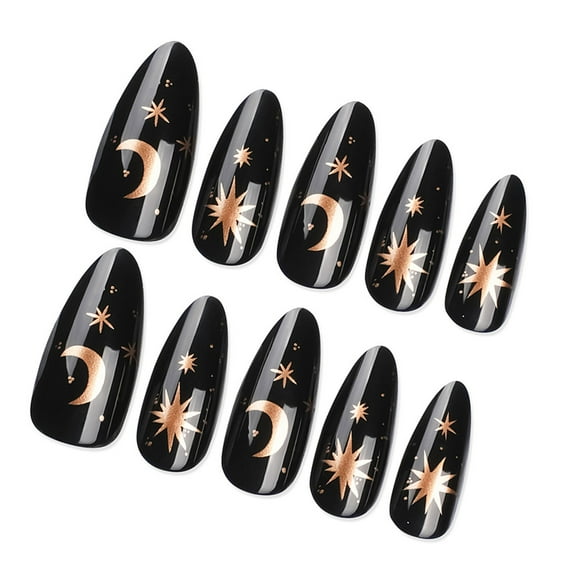 24Pcs Gothic Punk Black Almond Shape with Star Designs Long Faux Nails for Women Manicure Nails Art