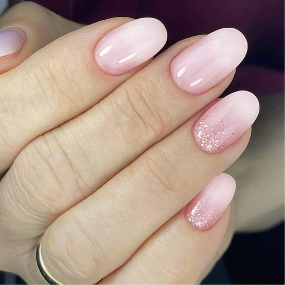 24Pcs Gradient False Nail Glitters Short Oval Press On Nail Set For Fashionable Women Daily Wear And Special Occasion