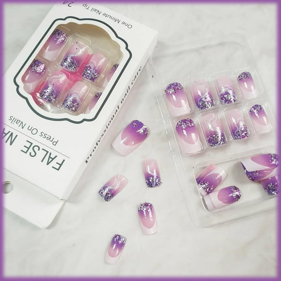 24Pcs Gradient Press on Nails with Curve Line Design, French Tips Manicure Art Acrylic Medium Coffin Full Cover Fake Nails Stick on Nails Glossy Silver Glitter False Nails Gel Glue on Nails for Girls