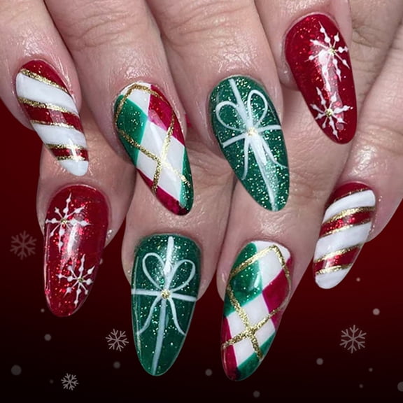 24Pcs Green Checkered Sparkling Holiday Snowflakes Santa Pattern NonToxic Light Fake Nails