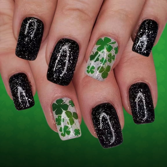 24Pcs Green Clovers Pattern False Nails in Black Sparkles Finish for Festivals Special and Luck Themed Occasions