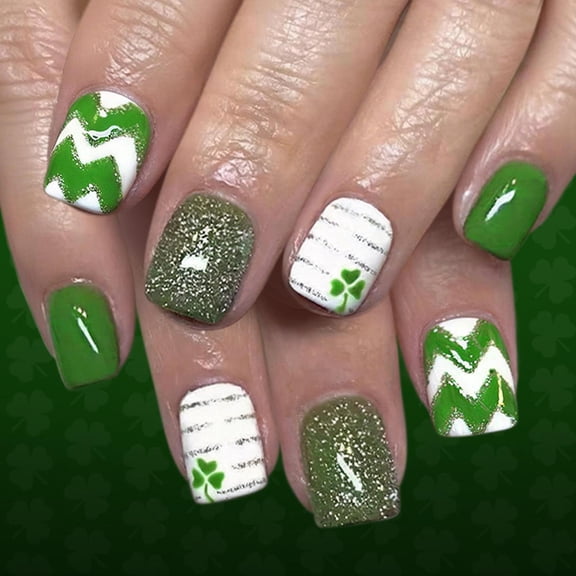 24Pcs Green Clovers Pattern False Nails in White Sparkles Finish for Festivals Special and Luck Themed Occasions