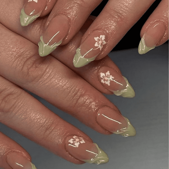 24Pcs Green Press on Nails Medium Almond Fake Nails with White Flower Design Nude Full Cover Stick on Nails 3D Wave Natural False Nails Artificial Acrylic Spring Glue on Nails for Women Manicure