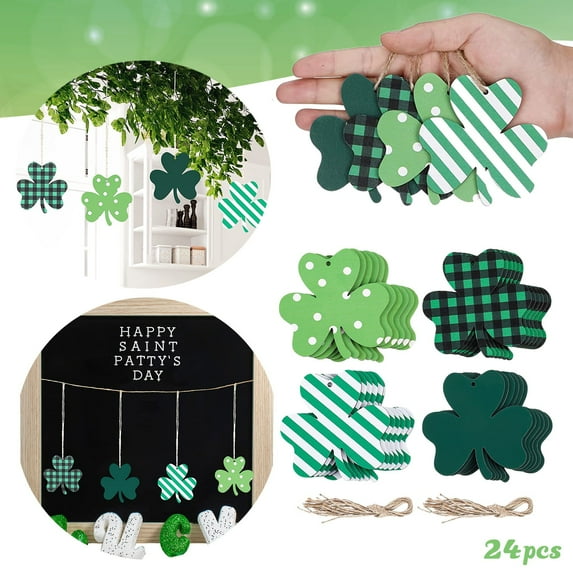 24Pcs Green Wooden Shamrock Ornaments - Laser Cut Hanging Wood Embellishments with Ropes for St Patrick's Day Decorations, Irish Day Crafts DIY Gift Tags, Quality Wood 8cm