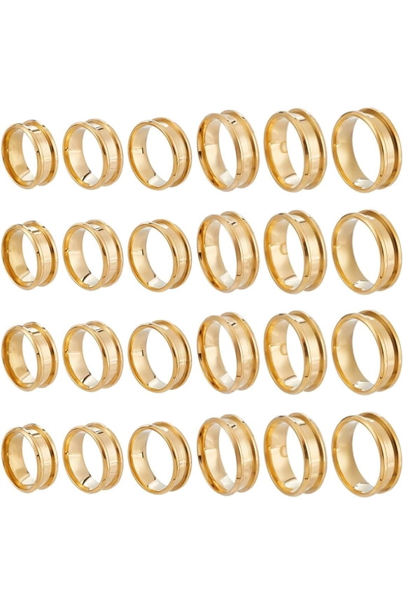 24Pcs Grooved Finger Ring 6 Styles Stainless Steel Ring Core Blank 8mm Wide Round Grooved Inlay Rings Golden