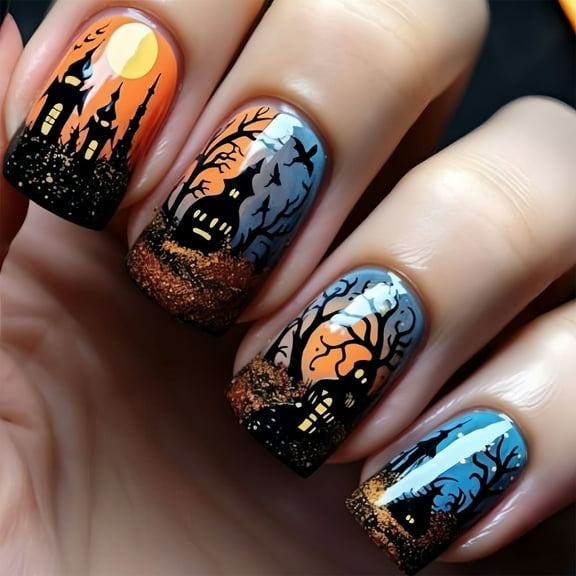 24Pcs Halloween Artificial Nails Press On Nails Featuring Festive Ghostly Cobwebs For Party Goers Students