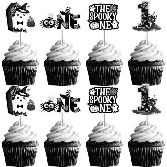 24Pcs Halloween Cupcake Toppers, Cute Ghost 1st Birthday Cupcake Picks Spooky One Black White Cake Decoration Birthday Baby Shower Party Supplies for Boy Girl